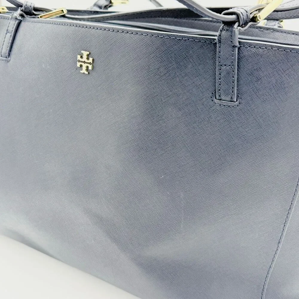 Tory Burch Navy Blue Saffiono Robinson Clutch Textured Leather Tote